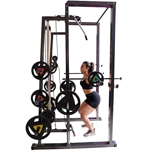 FIT KART Power Squat Rack with Lats Pull Down & Ground Pulley Dips Setup for Home Gym, 4X2 Strong Pipe, Multicolour